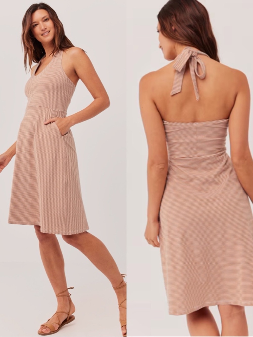 NWT PACT Organic Cotton Striped Halter Knee-Length Dress Pockets Small